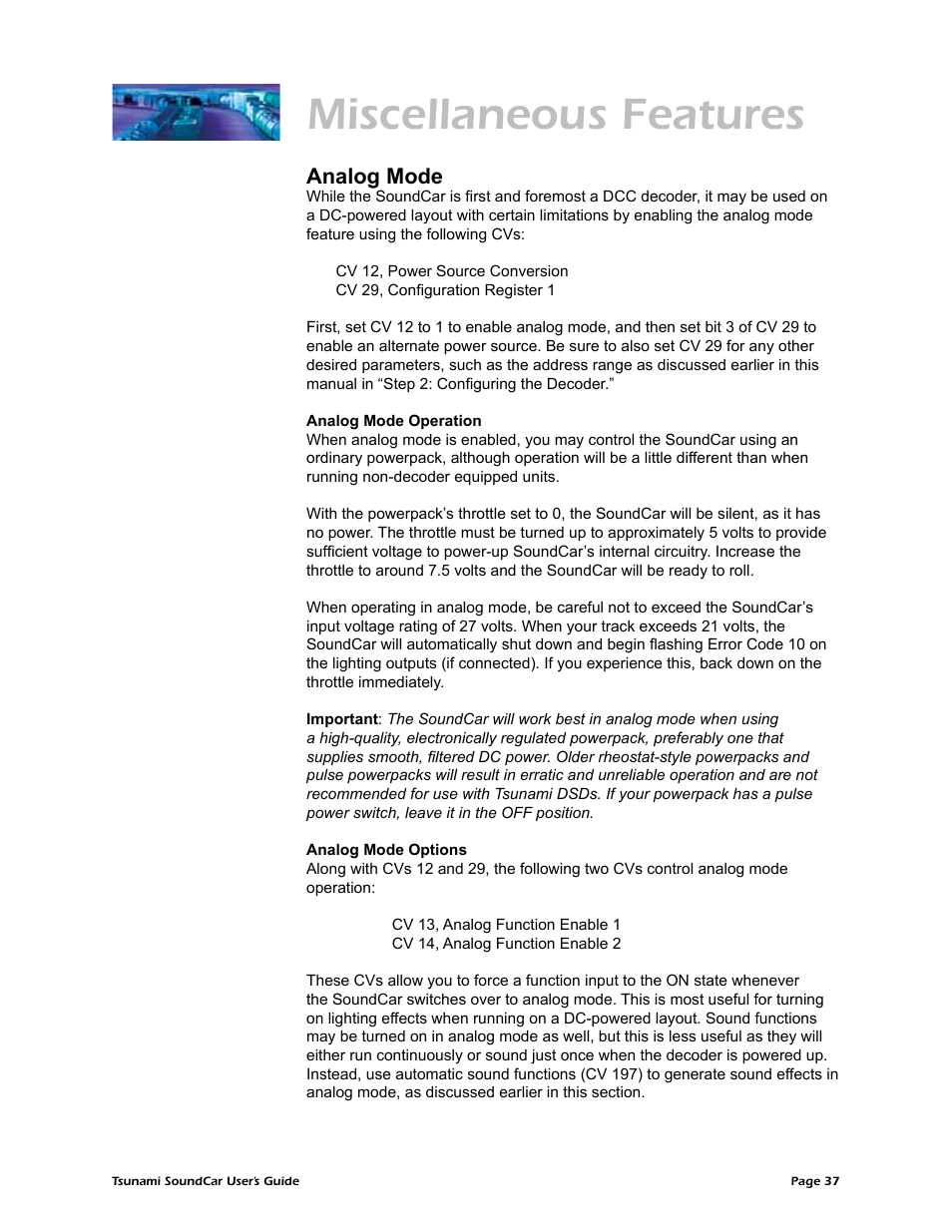 Miscellaneous features, Analog mode | SoundTraxx SoundCar Users Guide User Manual | Page 41 / 49