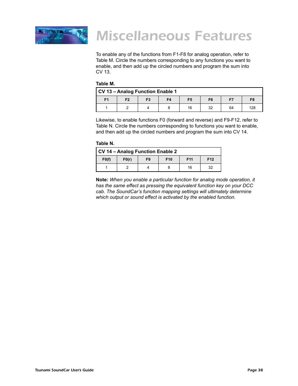 Table m. cv 13 – analog function enable 1, Table n. cv 14 – analog function enable 2, Miscellaneous features | SoundTraxx SoundCar Users Guide User Manual | Page 42 / 49