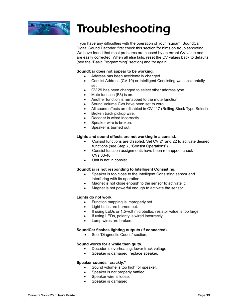 Troubleshooting | SoundTraxx SoundCar Users Guide User Manual | Page 43 / 49