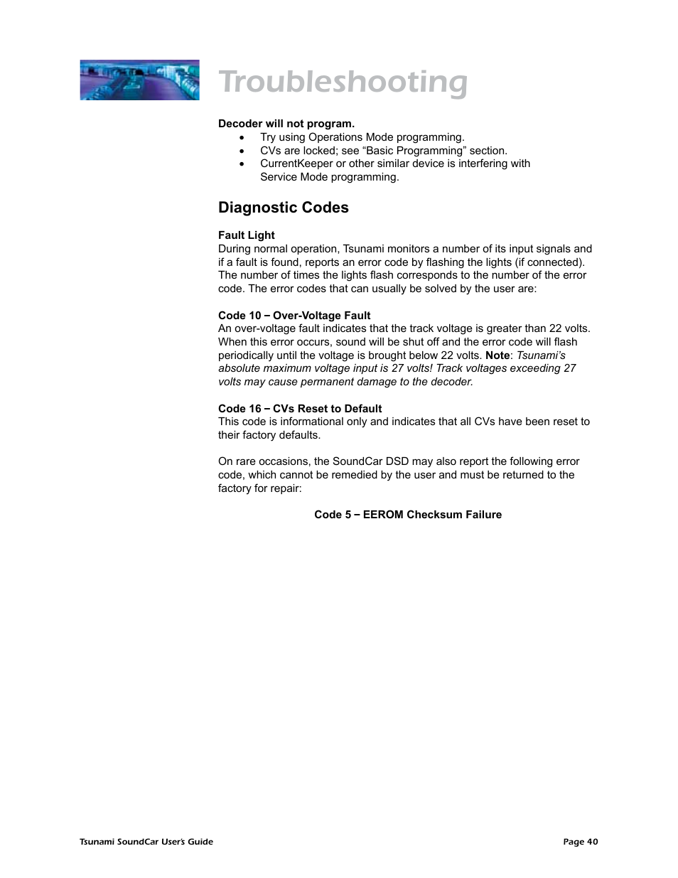 Troubleshooting, Diagnostic codes | SoundTraxx SoundCar Users Guide User Manual | Page 44 / 49