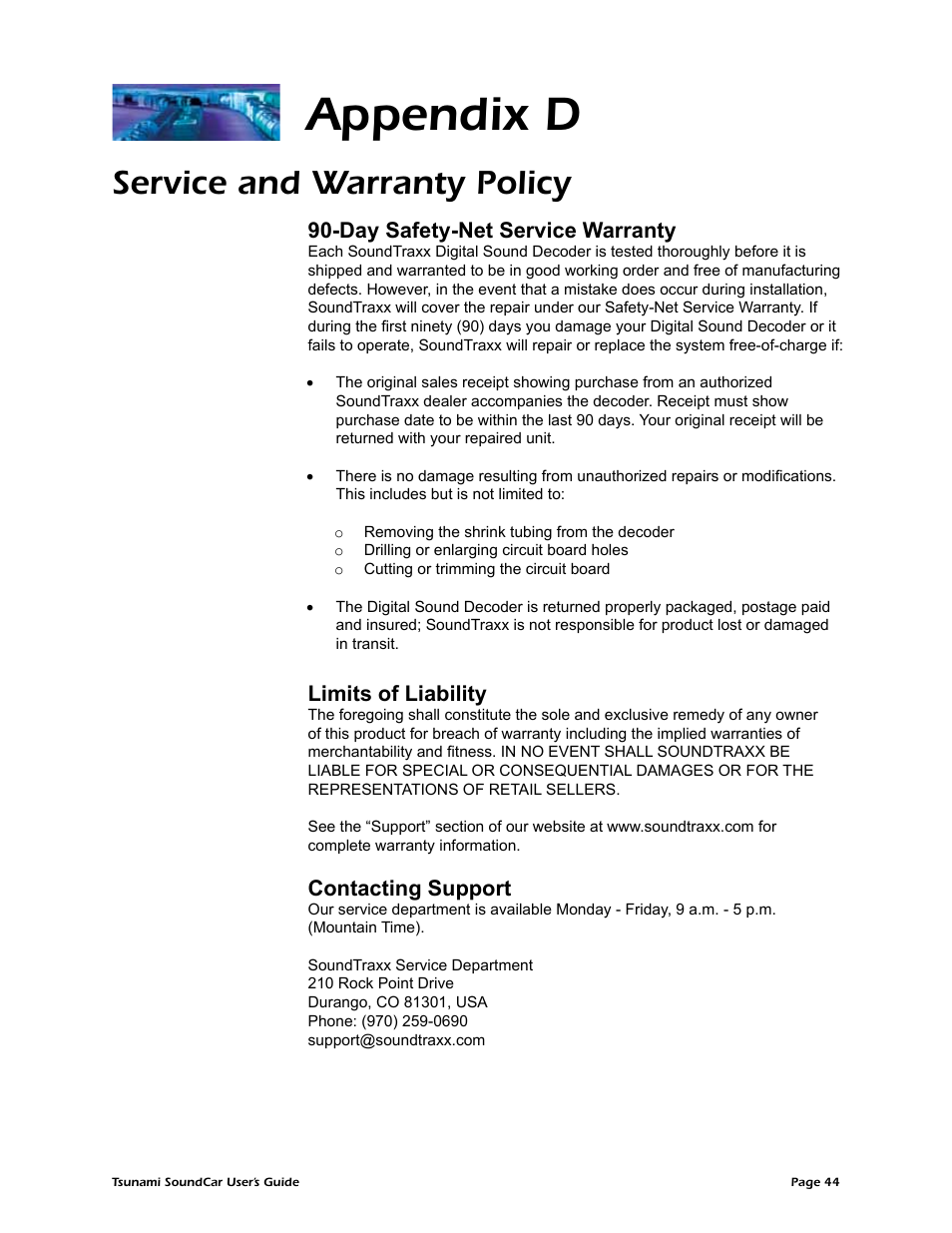 Appendix d, Service and warranty policy, Day safety-net service warranty | Limits of liability, Contacting support | SoundTraxx SoundCar Users Guide User Manual | Page 48 / 49