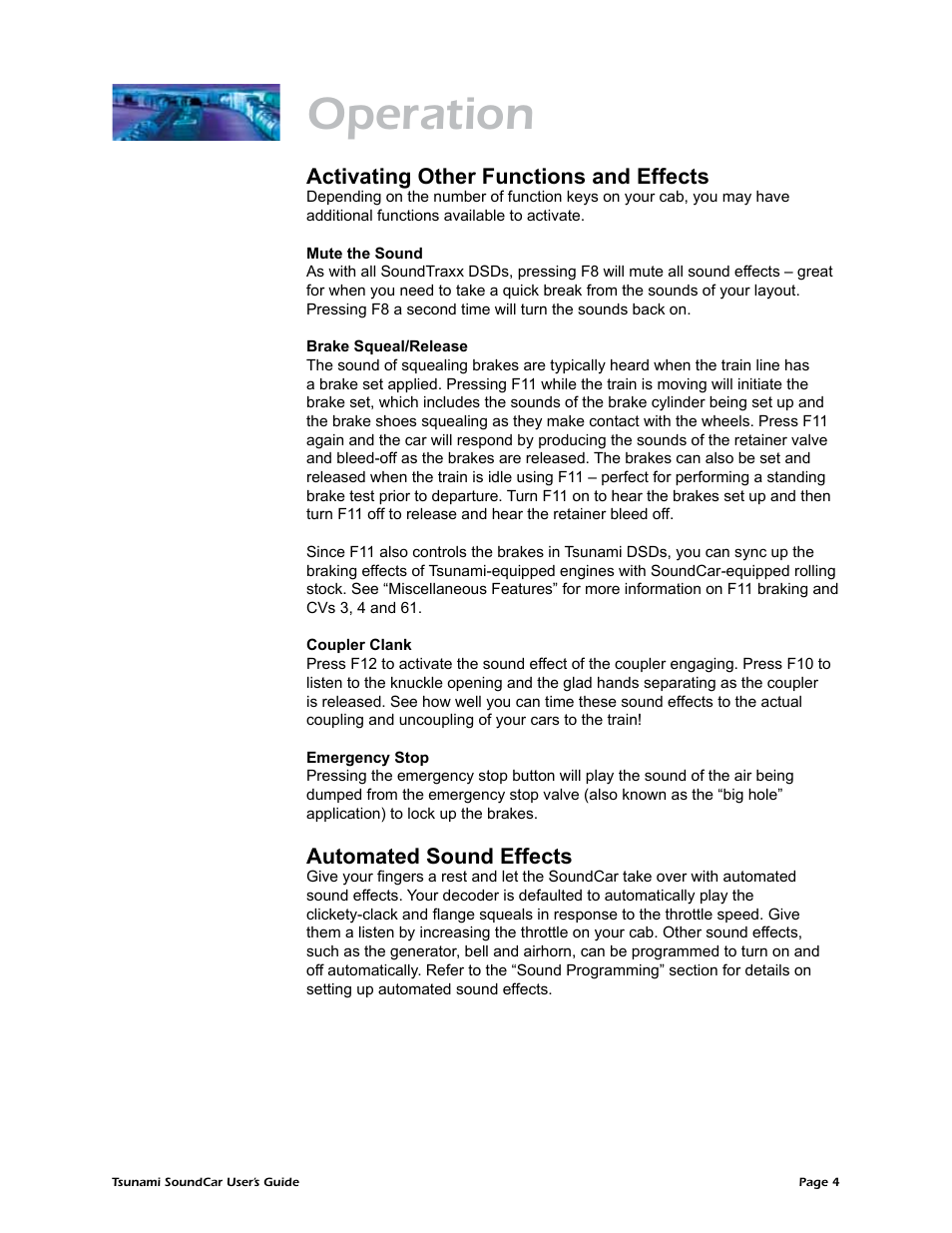 Operation, Activating other functions and effects, Automated sound effects | SoundTraxx SoundCar Users Guide User Manual | Page 8 / 49