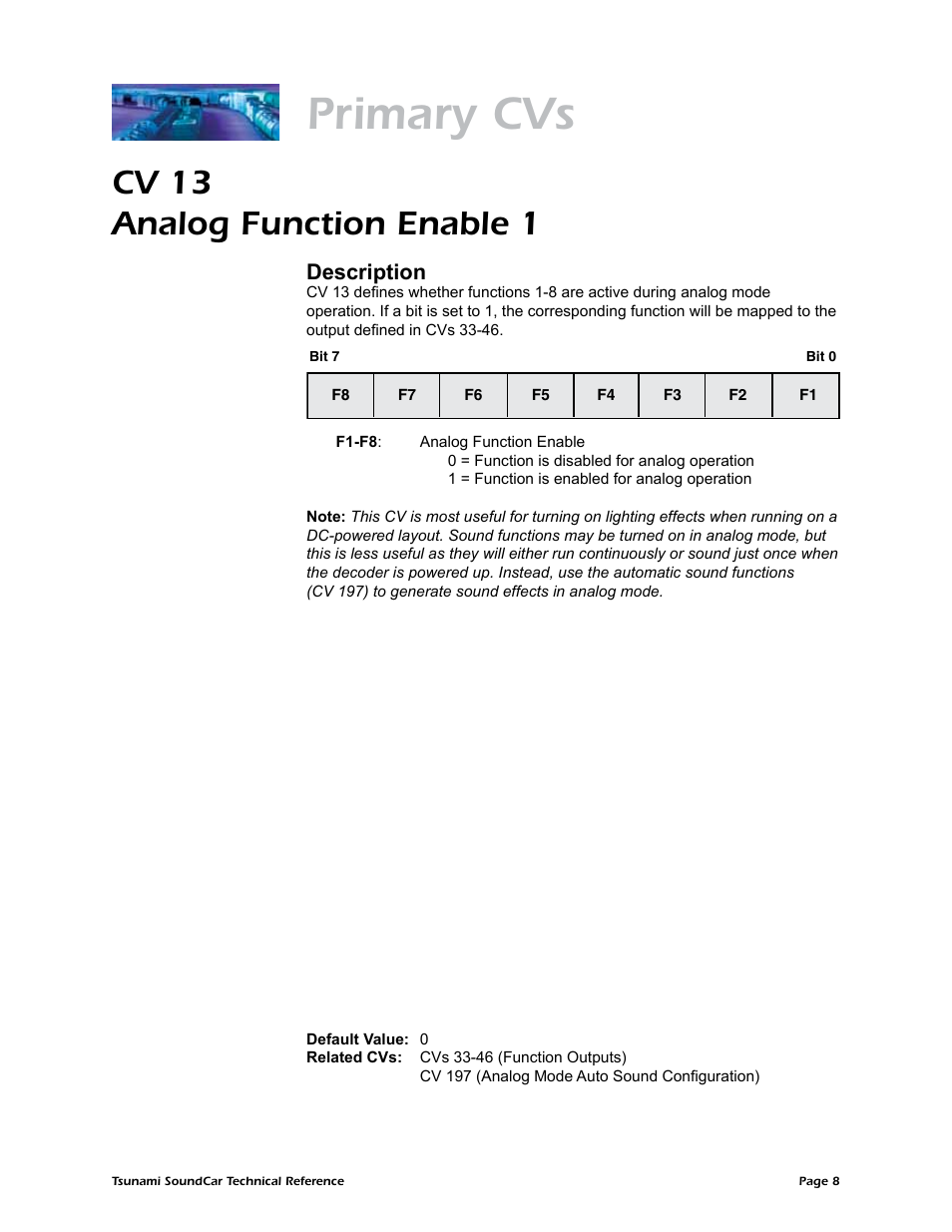 Primary cvs, Cv 13 analog function enable 1, Description | SoundTraxx SoundCar Technical Reference User Manual | Page 10 / 67