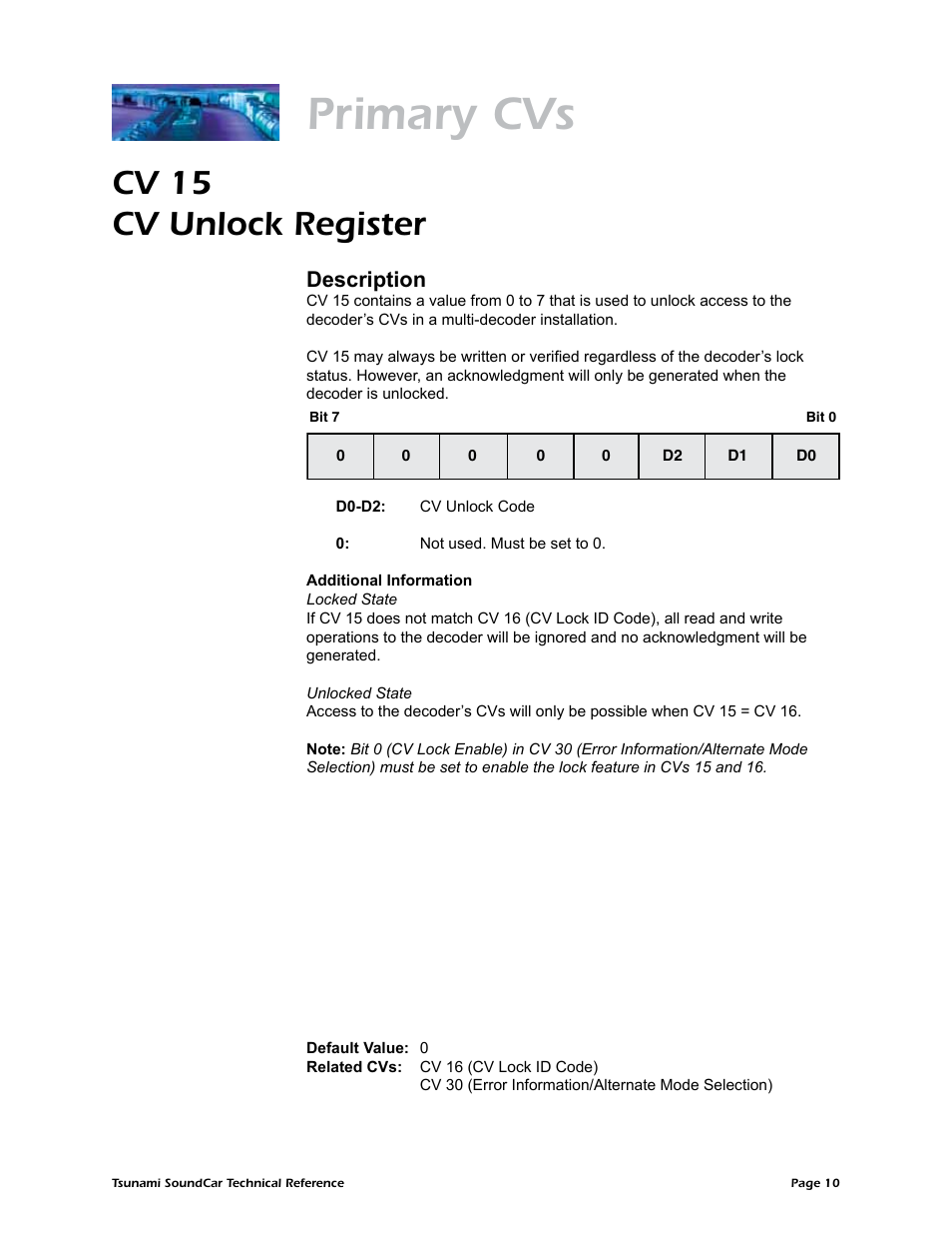 Primary cvs, Cv 15 cv unlock register, Description | SoundTraxx SoundCar Technical Reference User Manual | Page 12 / 67