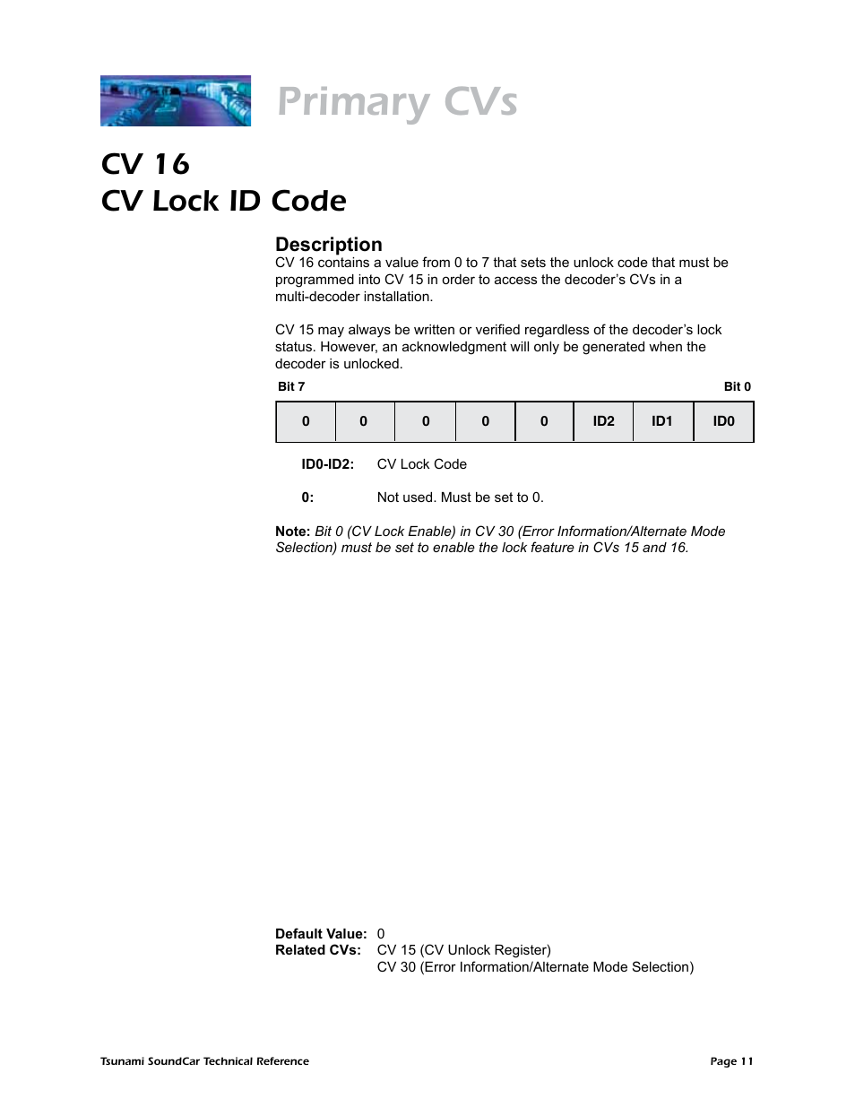 Primary cvs, Cv 16 cv lock id code, Description | SoundTraxx SoundCar Technical Reference User Manual | Page 13 / 67
