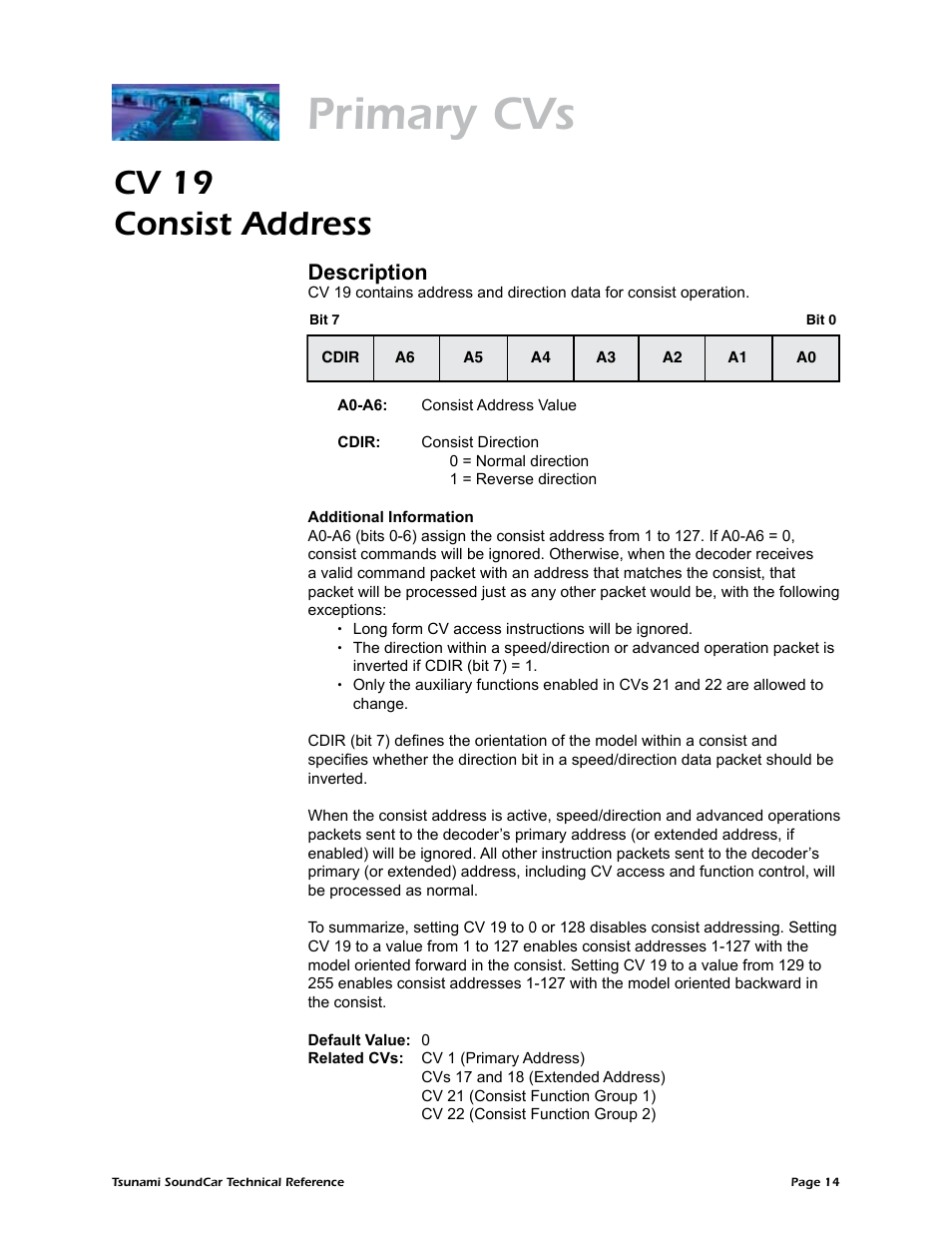 Primary cvs, Cv 19 consist address, Description | SoundTraxx SoundCar Technical Reference User Manual | Page 16 / 67