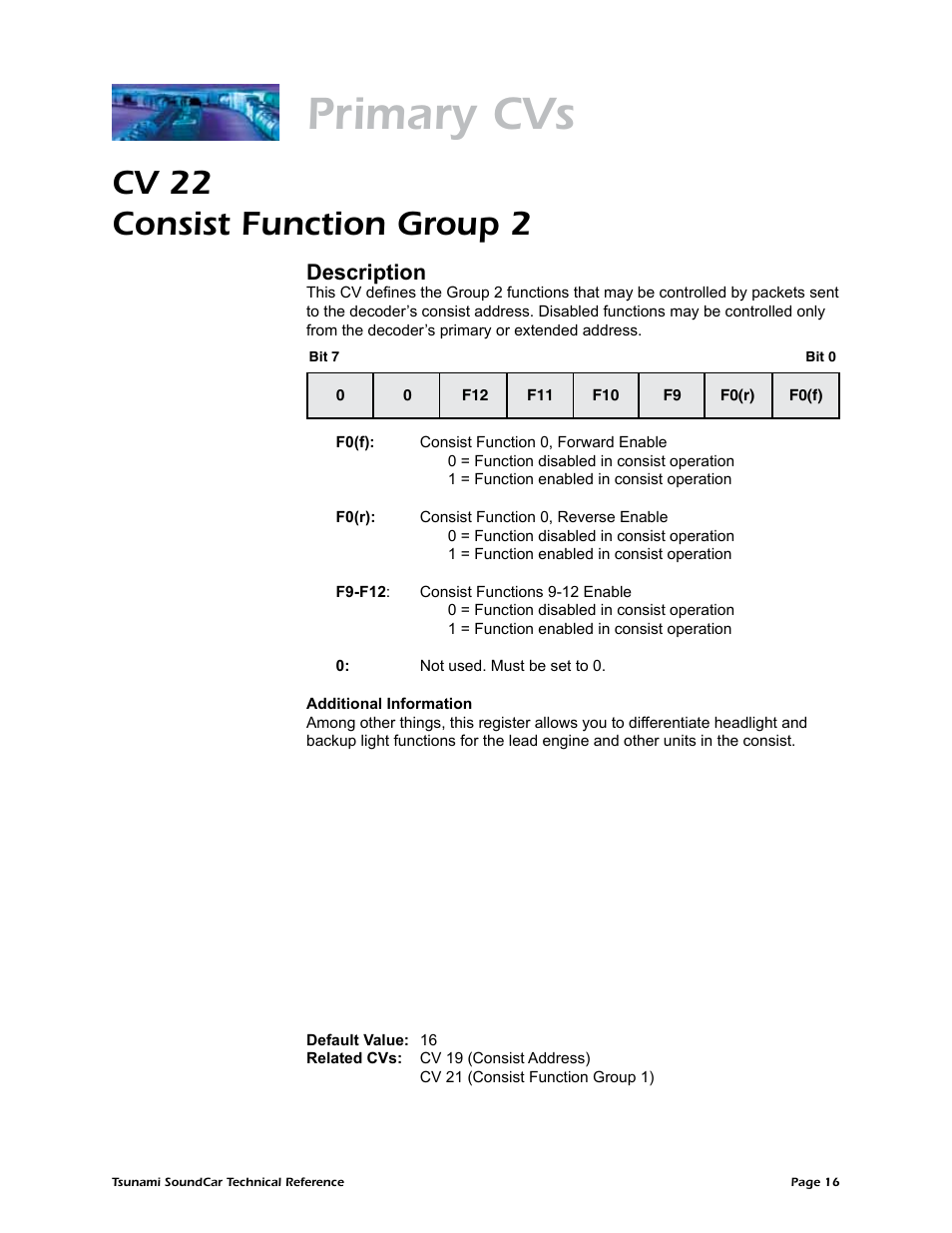 Primary cvs, Cv 22 consist function group 2, Description | SoundTraxx SoundCar Technical Reference User Manual | Page 18 / 67