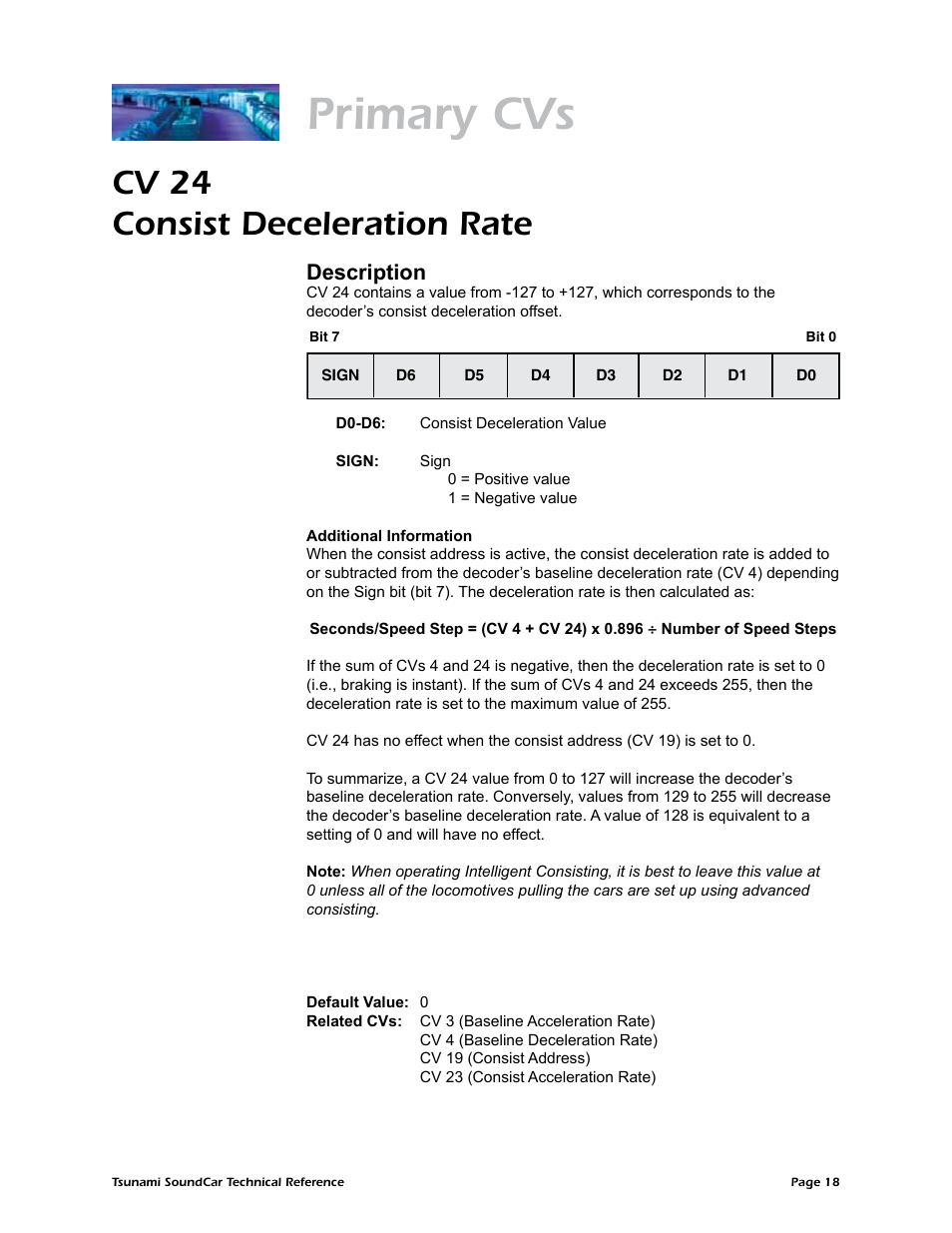Primary cvs, Cv 24 consist deceleration rate, Description | SoundTraxx SoundCar Technical Reference User Manual | Page 20 / 67