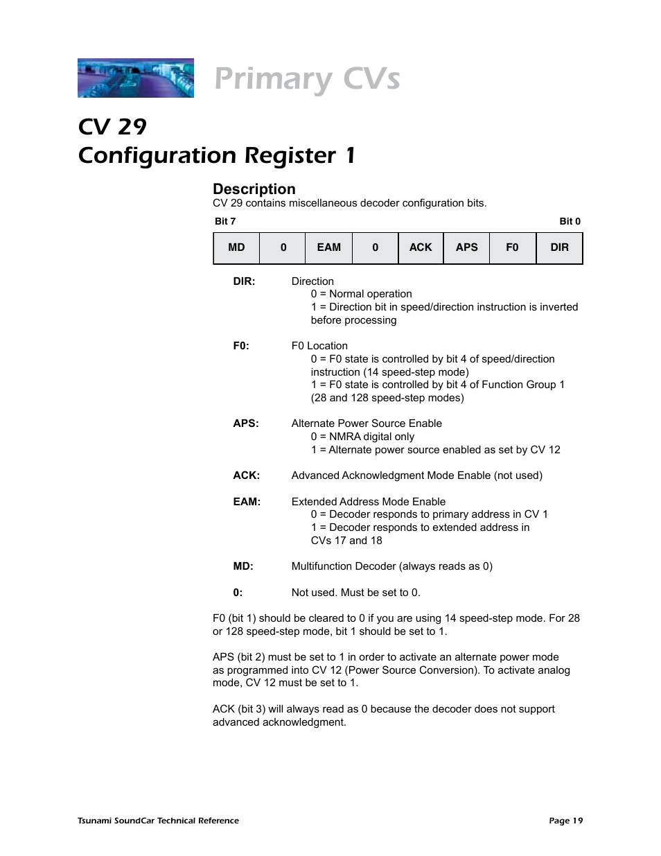 Primary cvs, Cv 29 configuration register 1, Description | SoundTraxx SoundCar Technical Reference User Manual | Page 21 / 67