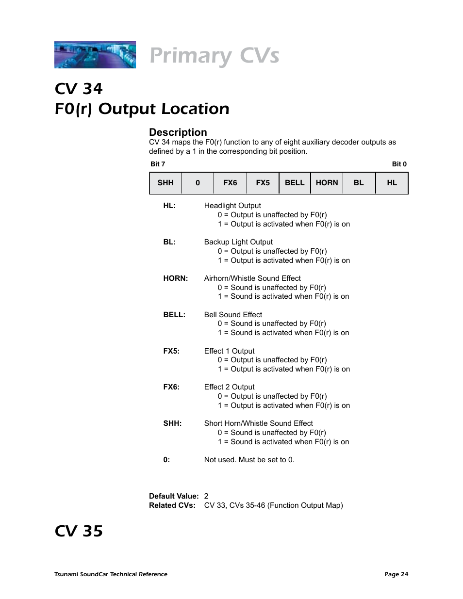 Primary cvs, Cv 34 f0(r) output location, Cv 35 | Description | SoundTraxx SoundCar Technical Reference User Manual | Page 26 / 67