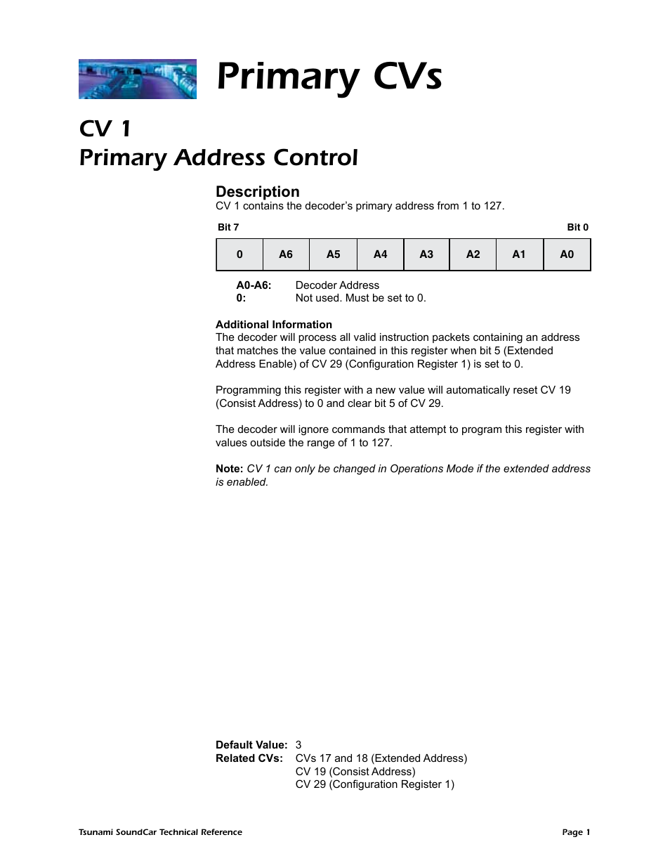 Primary cvs, Cv 1 primary address control, Description | SoundTraxx SoundCar Technical Reference User Manual | Page 3 / 67