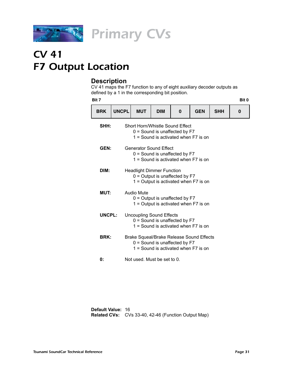 Primary cvs, Cv 41 f7 output location, Description | SoundTraxx SoundCar Technical Reference User Manual | Page 33 / 67