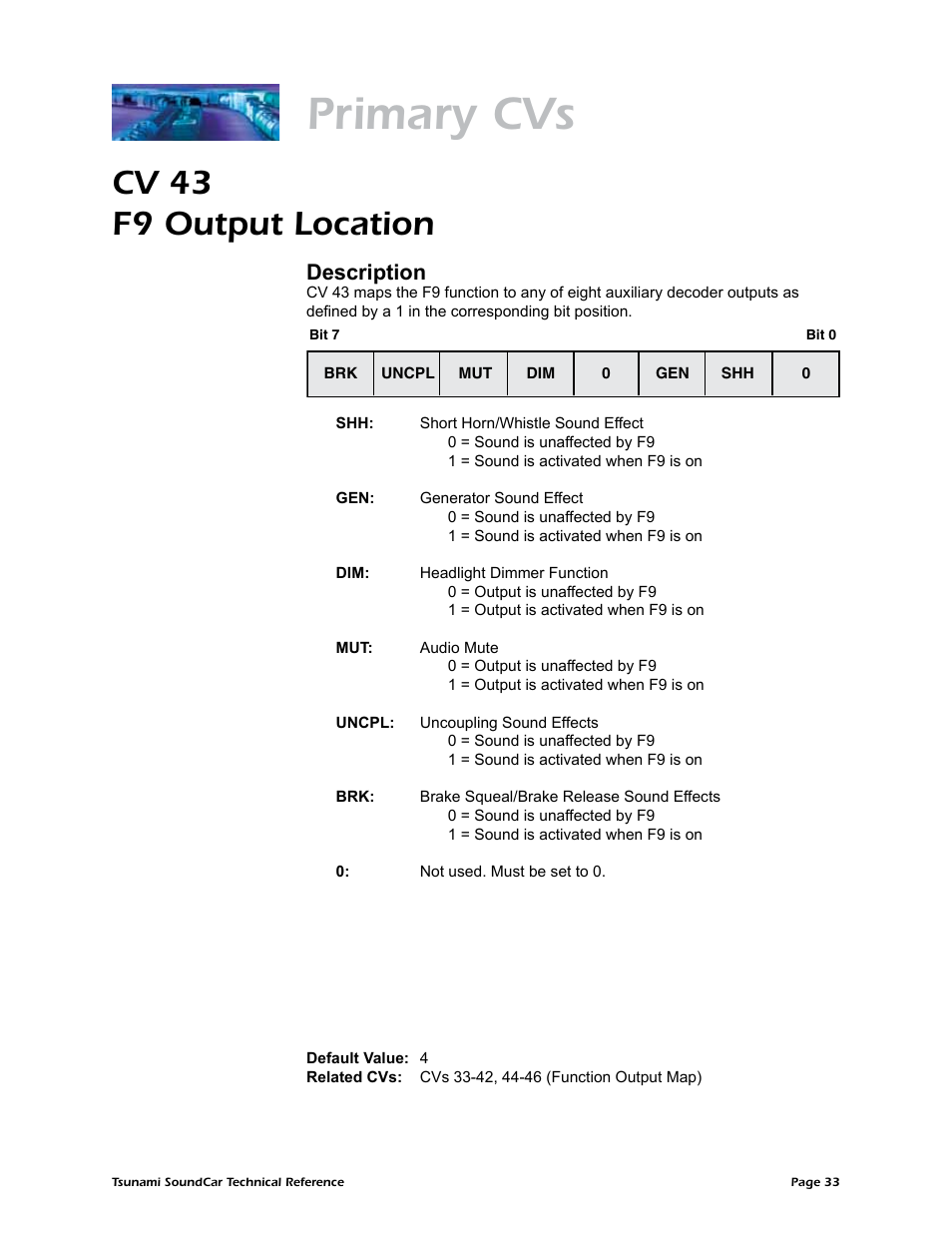 Primary cvs, Cv 43 f9 output location, Description | SoundTraxx SoundCar Technical Reference User Manual | Page 35 / 67
