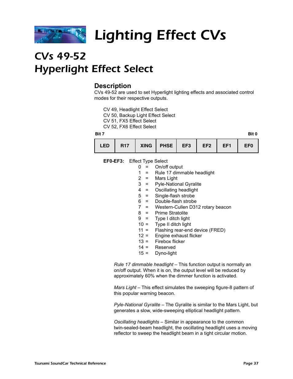 Lighting effect cvs, Cvs 49-52 hyperlight effect select, Description | SoundTraxx SoundCar Technical Reference User Manual | Page 39 / 67