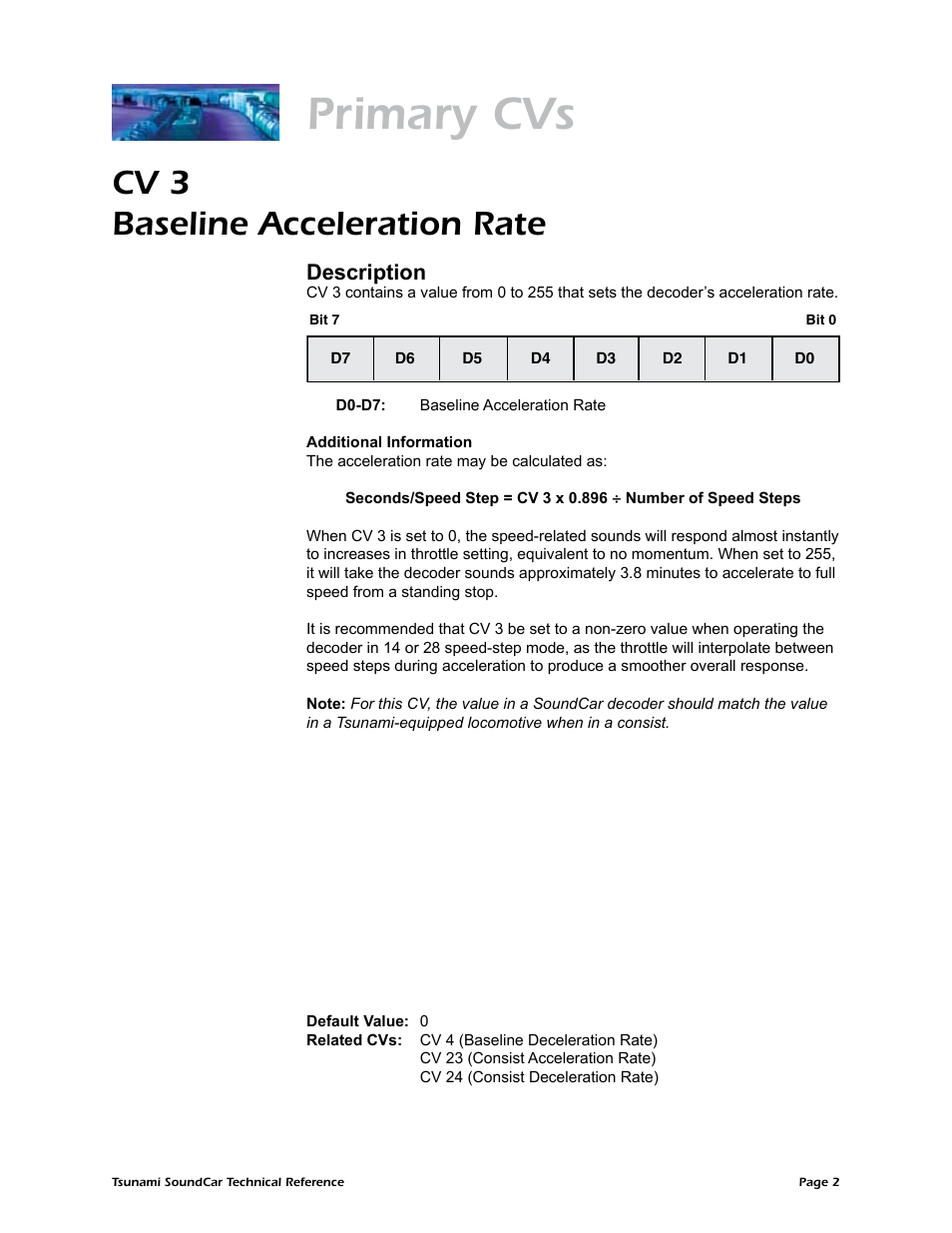 Primary cvs, Cv 3 baseline acceleration rate, Description | SoundTraxx SoundCar Technical Reference User Manual | Page 4 / 67