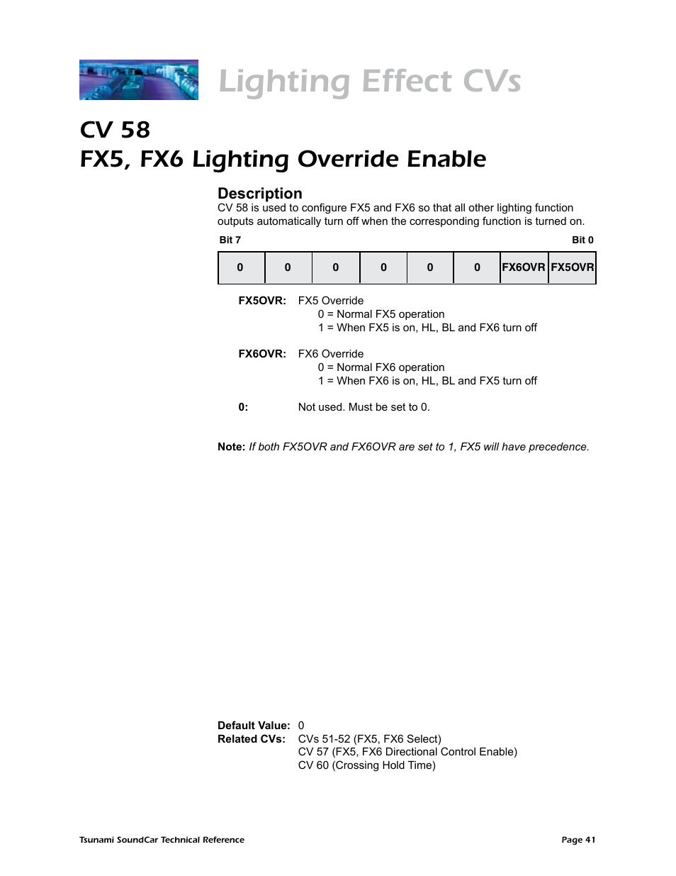 Lighting effect cvs, Cv 58 fx5, fx6 lighting override enable, Description | SoundTraxx SoundCar Technical Reference User Manual | Page 43 / 67