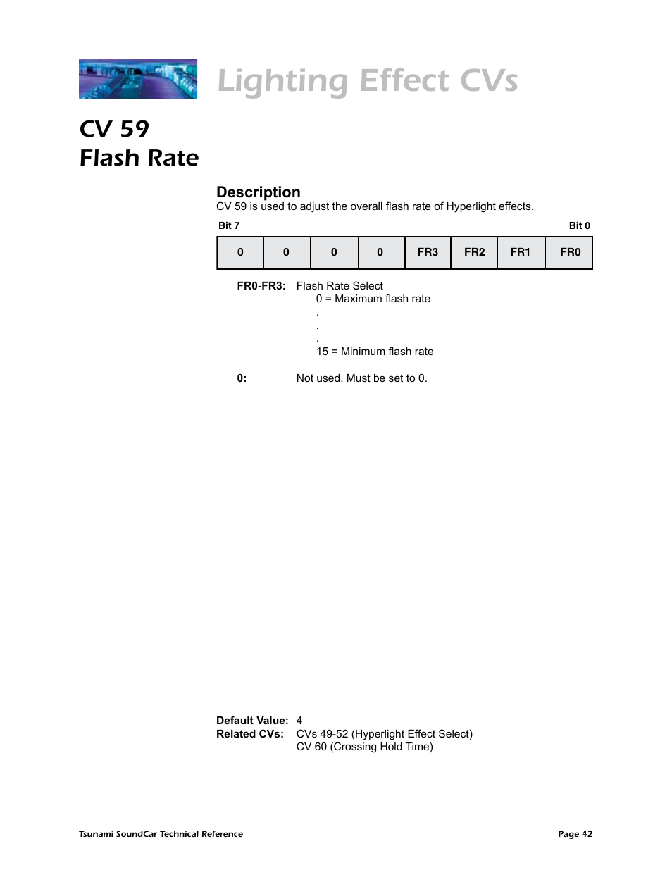 Lighting effect cvs, Cv 59 flash rate, Description | SoundTraxx SoundCar Technical Reference User Manual | Page 44 / 67