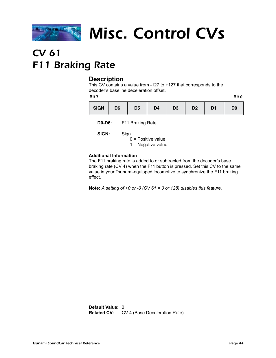 Misc. control cvs, Cv 61 f11 braking rate, Description | SoundTraxx SoundCar Technical Reference User Manual | Page 46 / 67