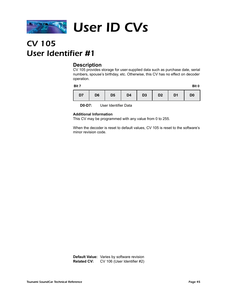 User id cvs, Cv 105 user identifier #1, Description | SoundTraxx SoundCar Technical Reference User Manual | Page 47 / 67