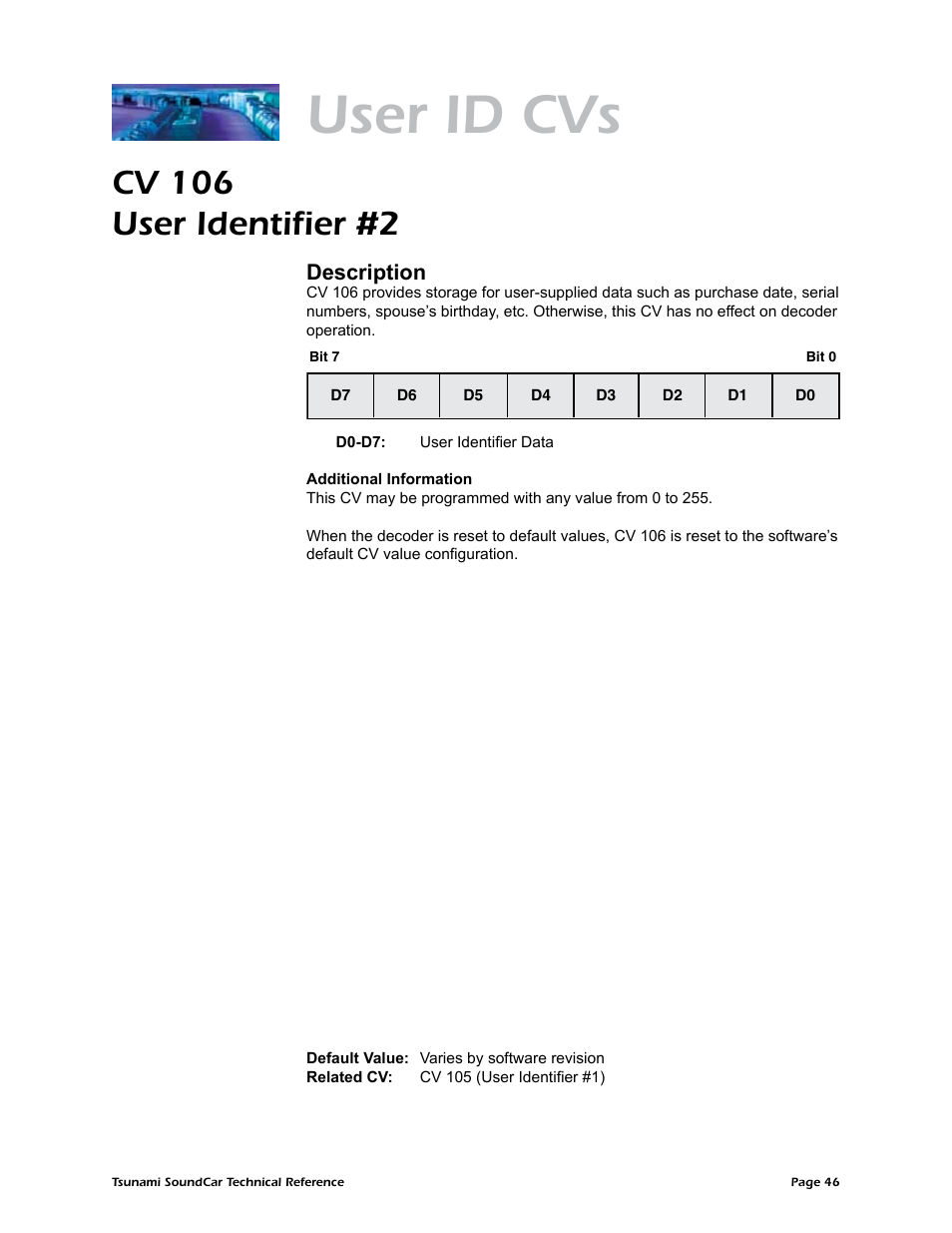 User id cvs, Cv 106 user identifier #2, Description | SoundTraxx SoundCar Technical Reference User Manual | Page 48 / 67