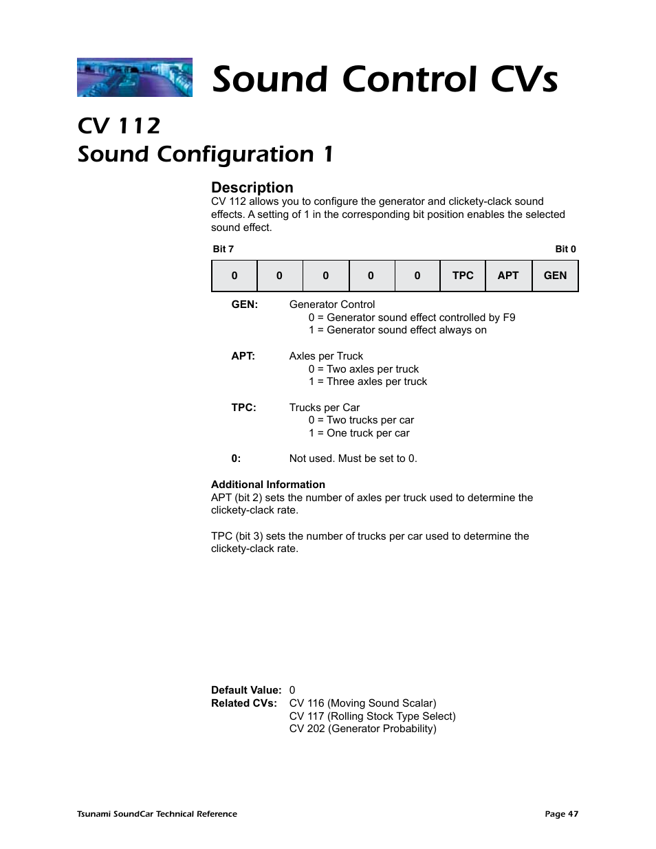 Sound control cvs, Cv 112 sound configuration 1, Description | SoundTraxx SoundCar Technical Reference User Manual | Page 49 / 67