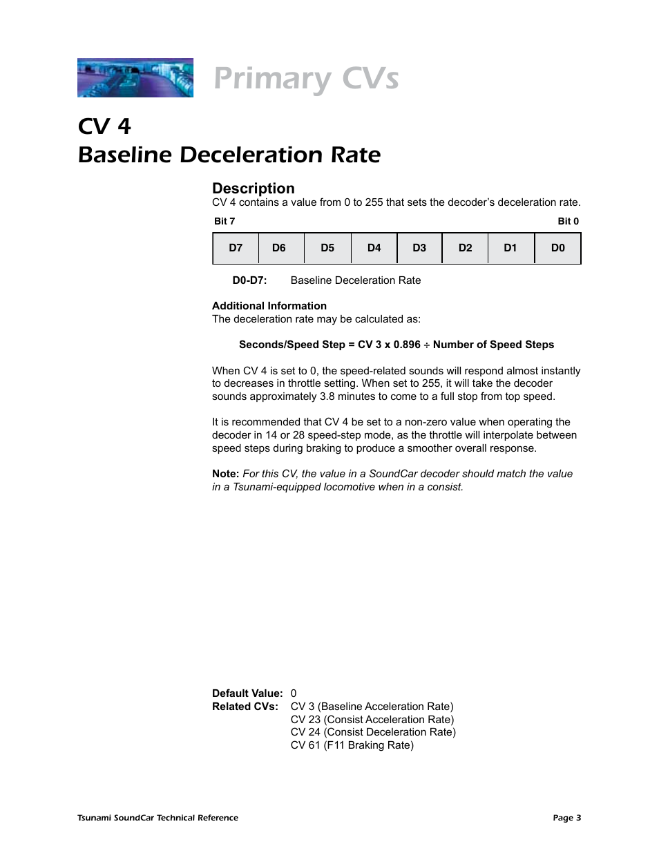 Primary cvs, Cv 4 baseline deceleration rate, Description | SoundTraxx SoundCar Technical Reference User Manual | Page 5 / 67