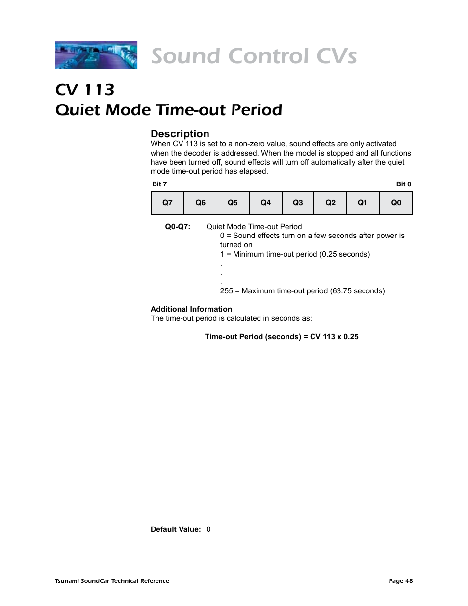 Sound control cvs, Cv 113 quiet mode time-out period, Description | SoundTraxx SoundCar Technical Reference User Manual | Page 50 / 67