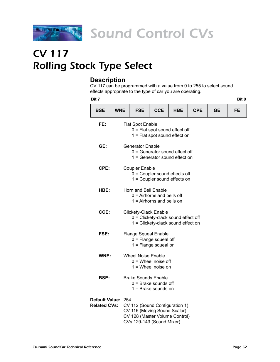 Sound control cvs, Cv 117 rolling stock type select, Description | SoundTraxx SoundCar Technical Reference User Manual | Page 54 / 67