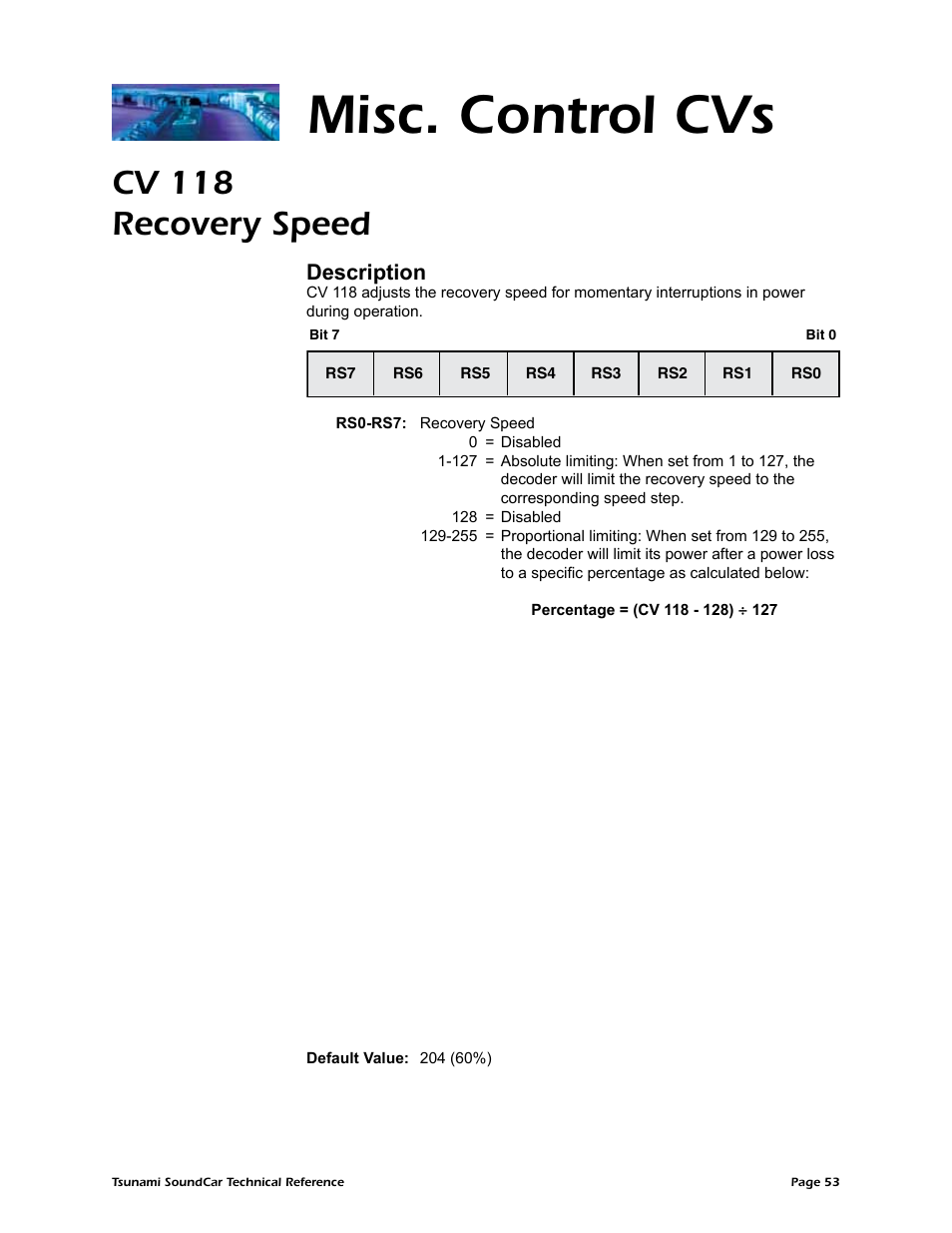 Misc. control cvs, Cv 118 recovery speed, Description | SoundTraxx SoundCar Technical Reference User Manual | Page 55 / 67