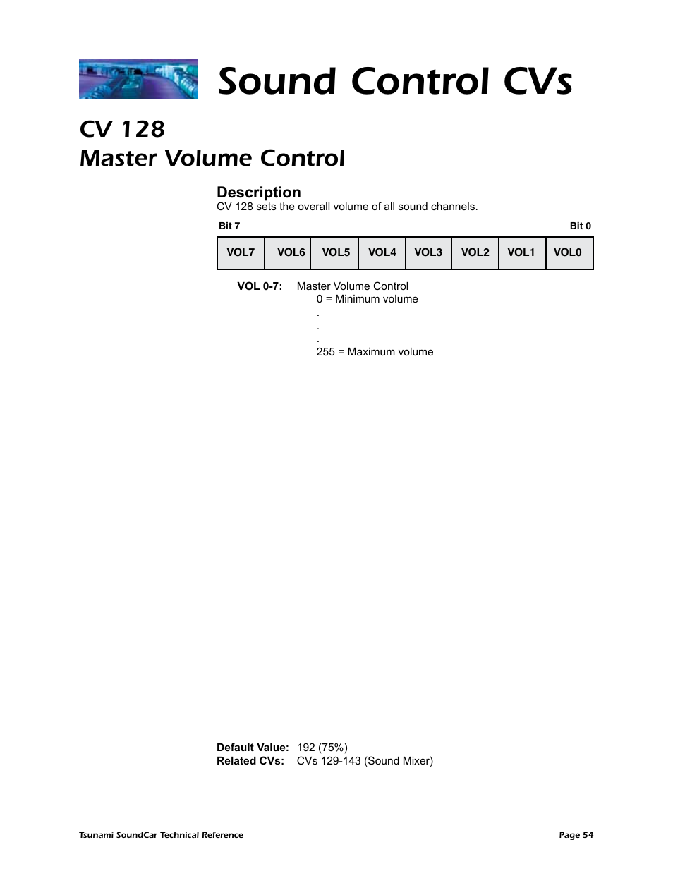 Sound control cvs, Cv 128 master volume control, Description | SoundTraxx SoundCar Technical Reference User Manual | Page 56 / 67