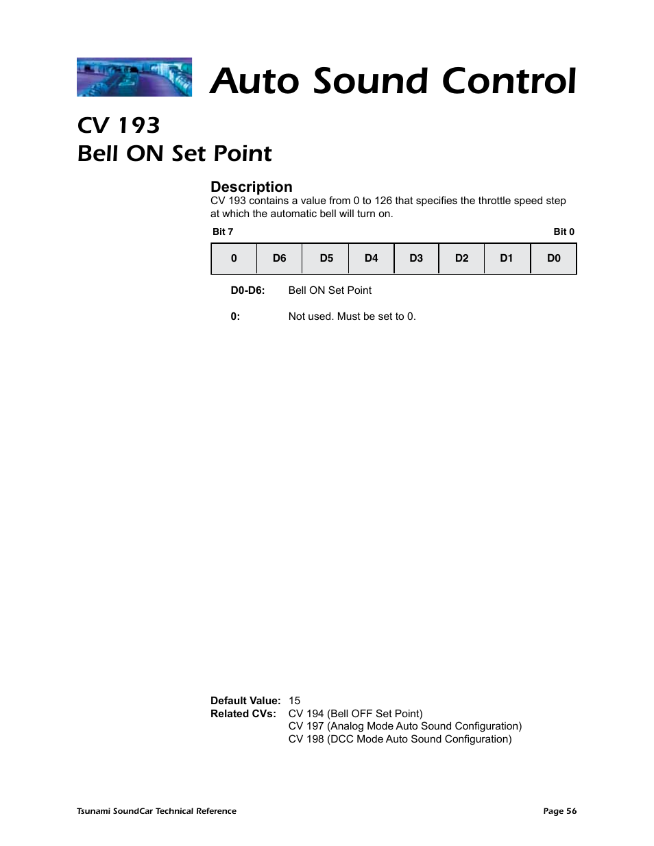 Auto sound control, Cv 193 bell on set point, Description | SoundTraxx SoundCar Technical Reference User Manual | Page 58 / 67