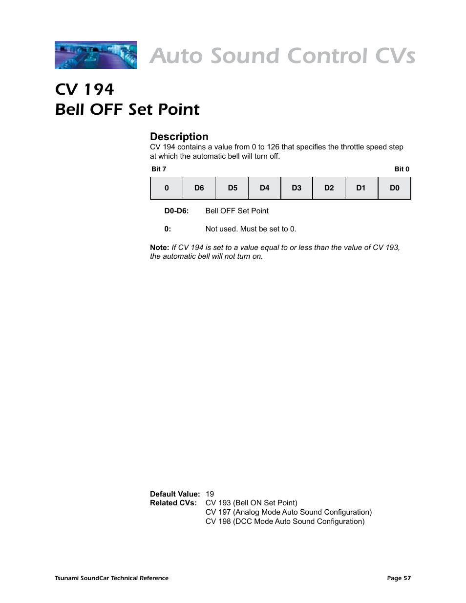 Auto sound control cvs, Cv 194 bell off set point, Description | SoundTraxx SoundCar Technical Reference User Manual | Page 59 / 67