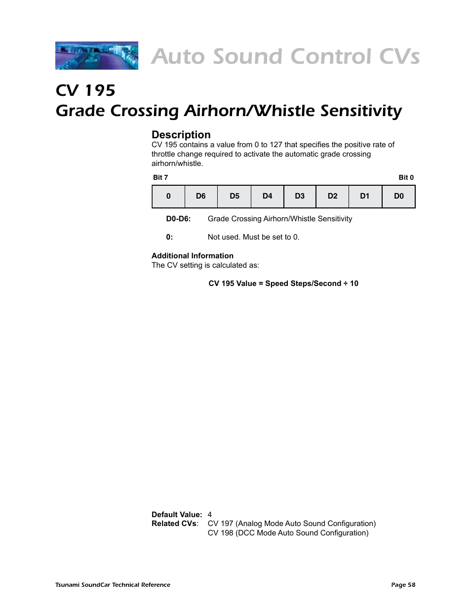 Auto sound control cvs, Cv 195 grade crossing airhorn/whistle sensitivity, Description | SoundTraxx SoundCar Technical Reference User Manual | Page 60 / 67