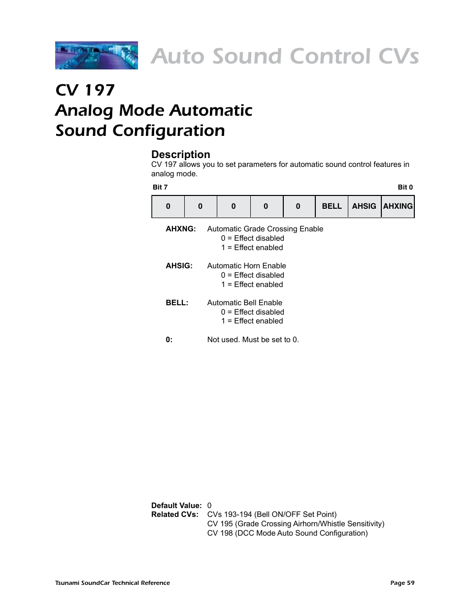 Auto sound control cvs, Cv 197 analog mode automatic sound configuration, Description | SoundTraxx SoundCar Technical Reference User Manual | Page 61 / 67