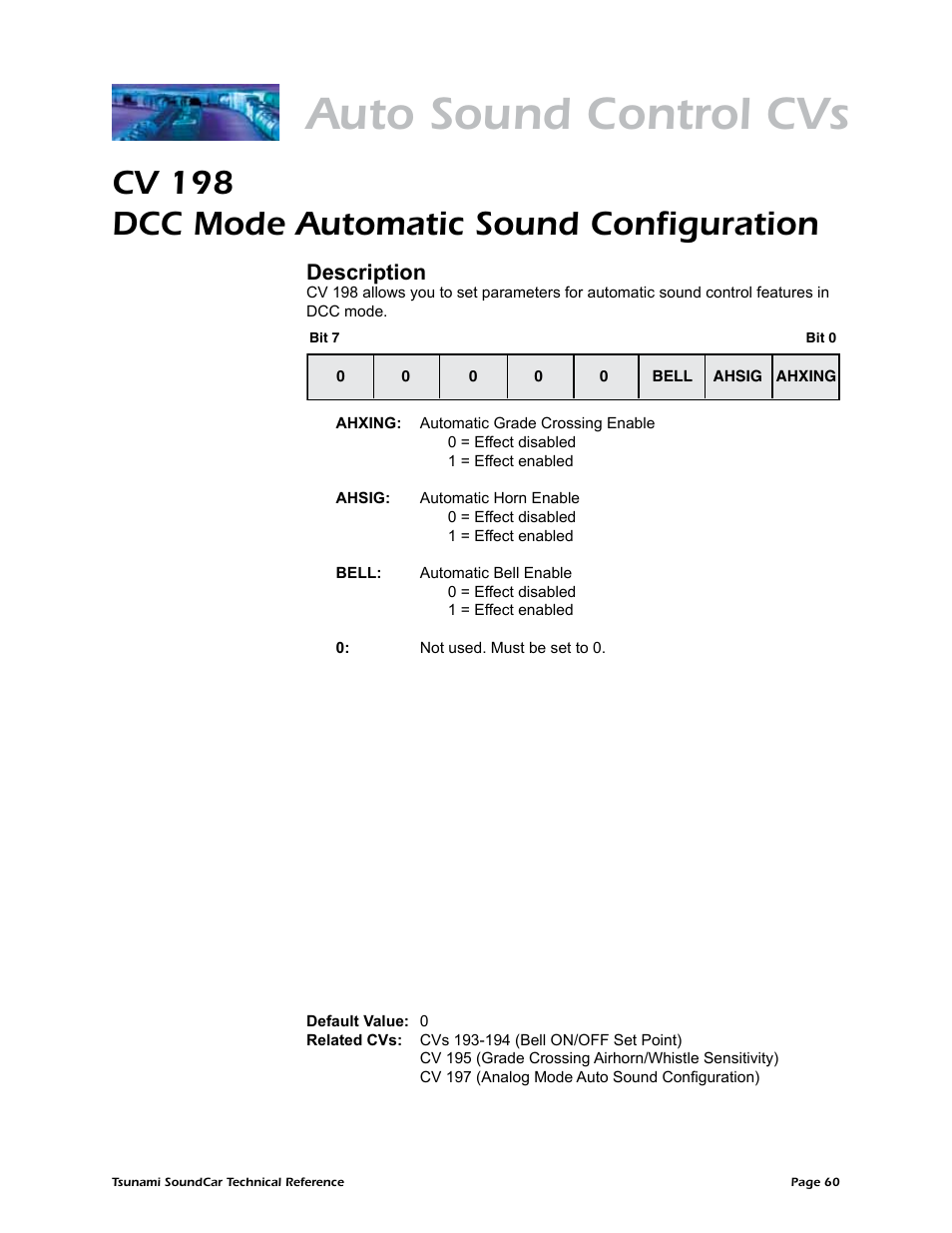 Auto sound control cvs, Cv 198 dcc mode automatic sound configuration, Description | SoundTraxx SoundCar Technical Reference User Manual | Page 62 / 67