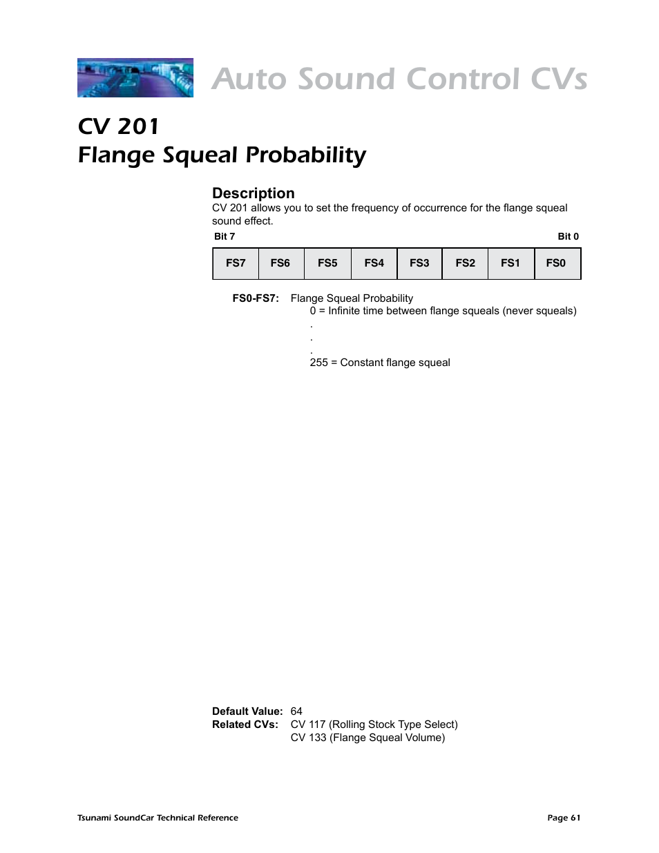 Auto sound control cvs, Cv 201 flange squeal probability, Description | SoundTraxx SoundCar Technical Reference User Manual | Page 63 / 67