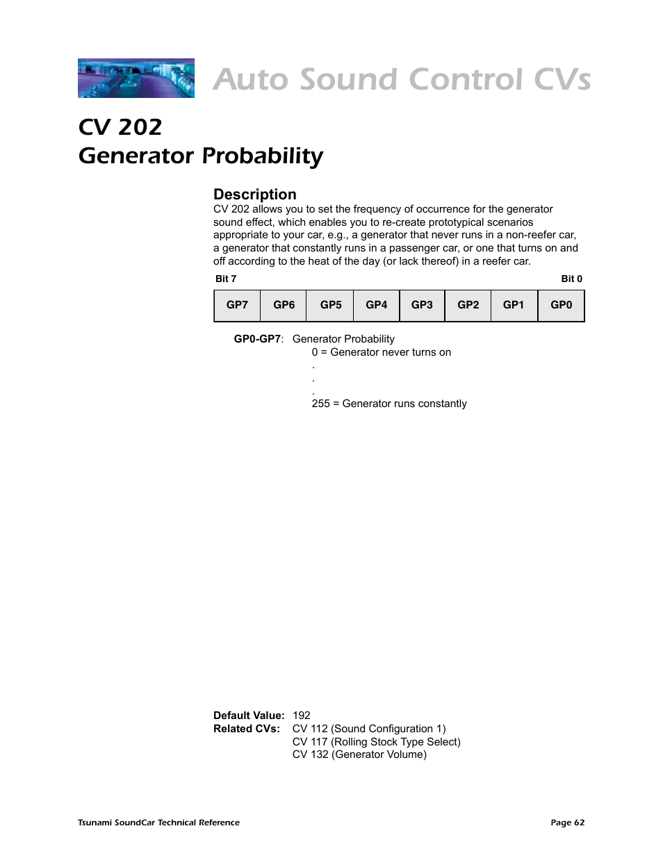 Auto sound control cvs, Cv 202 generator probability, Description | SoundTraxx SoundCar Technical Reference User Manual | Page 64 / 67
