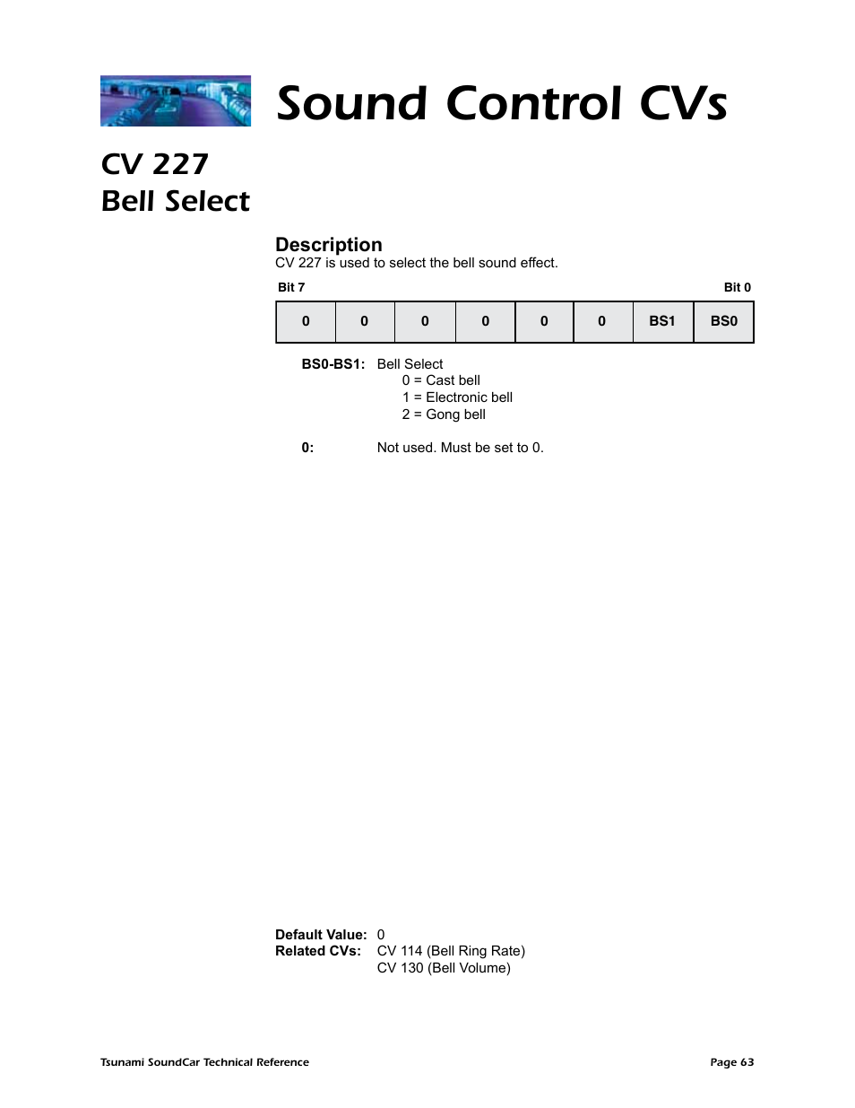 Sound control cvs, Cv 227 bell select, Description | SoundTraxx SoundCar Technical Reference User Manual | Page 65 / 67