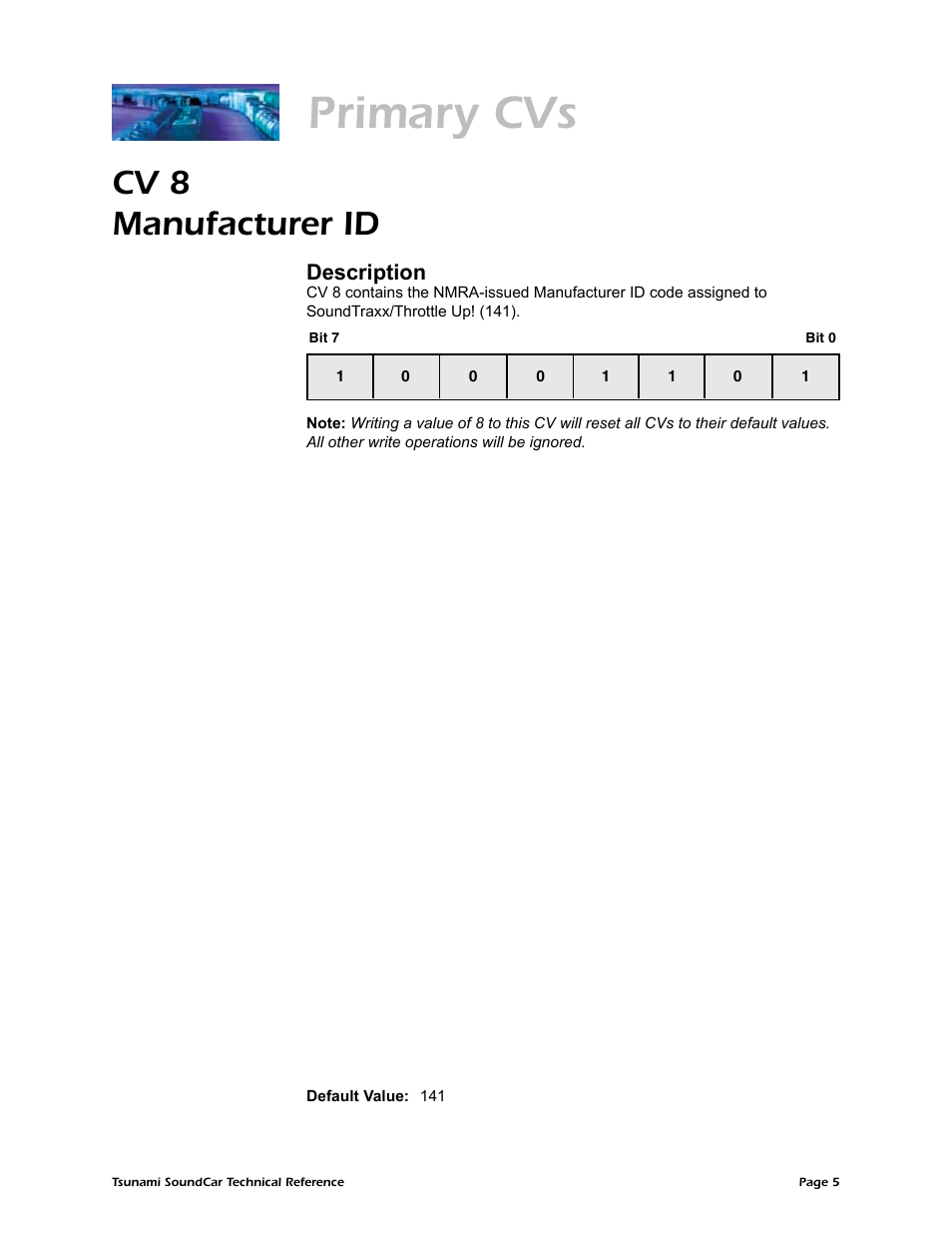 Primary cvs, Cv 8 manufacturer id, Description | SoundTraxx SoundCar Technical Reference User Manual | Page 7 / 67
