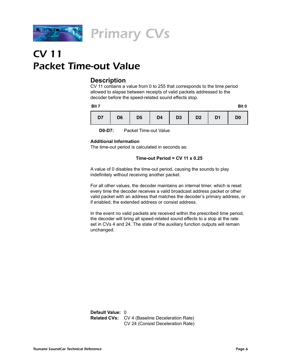 Primary cvs, Cv 11 packet time-out value, Description | SoundTraxx SoundCar Technical Reference User Manual | Page 8 / 67