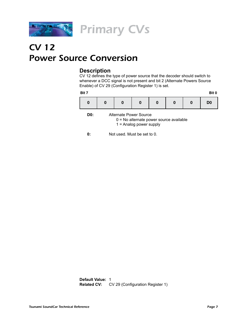 Primary cvs, Cv 12 power source conversion, Description | SoundTraxx SoundCar Technical Reference User Manual | Page 9 / 67