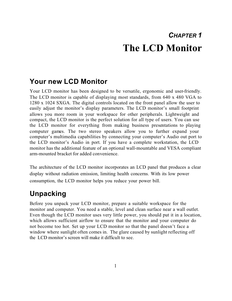 The lcd monitor, Your new lcd monitor, Unpacking | CyberResearch GDO 18 User Manual | Page 11 / 42