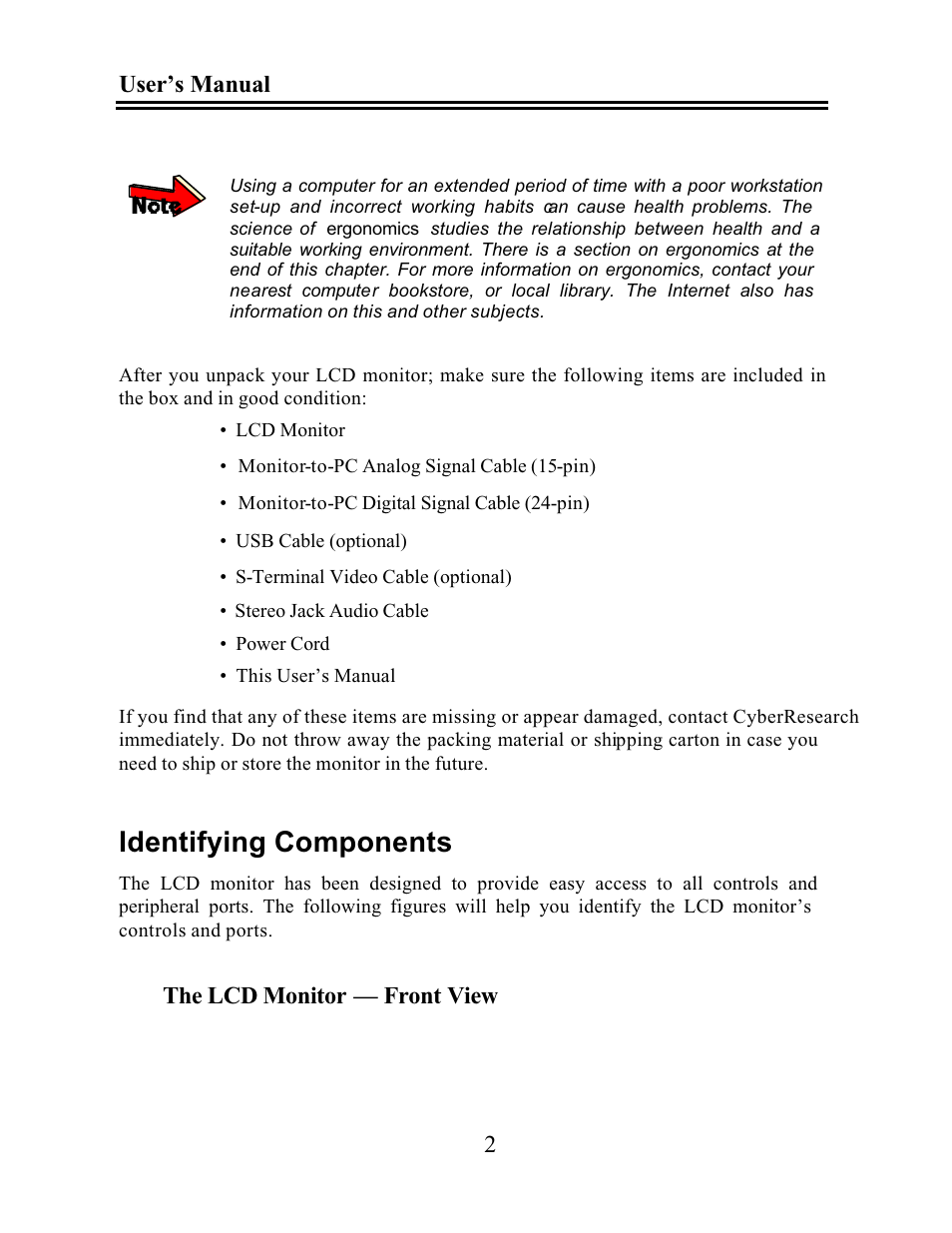 Identifying components, User’s manual 2, The lcd monitor — front view | CyberResearch GDO 18 User Manual | Page 12 / 42