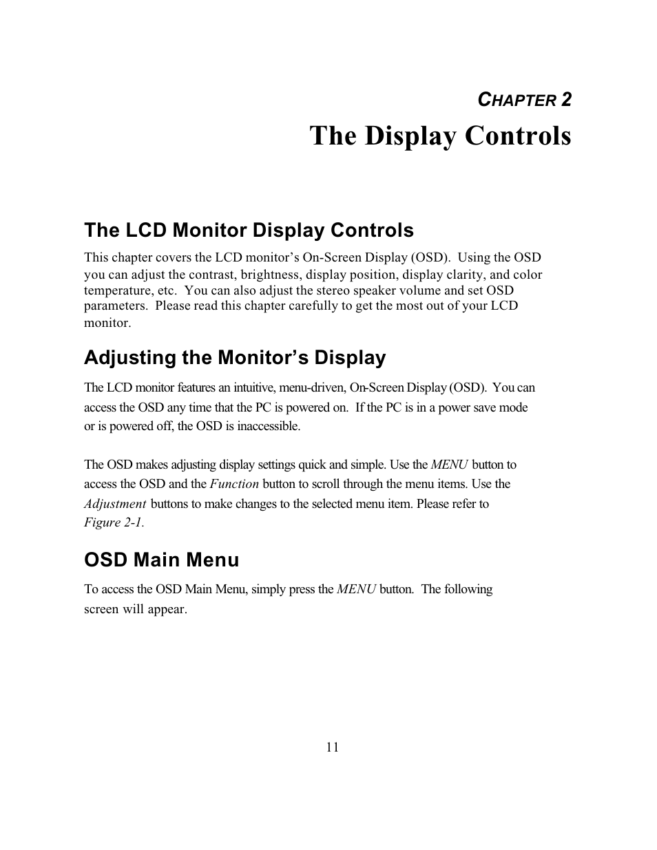 The display controls, The lcd monitor display controls, Adjusting the monitor’s display | Osd main menu | CyberResearch GDO 18 User Manual | Page 21 / 42