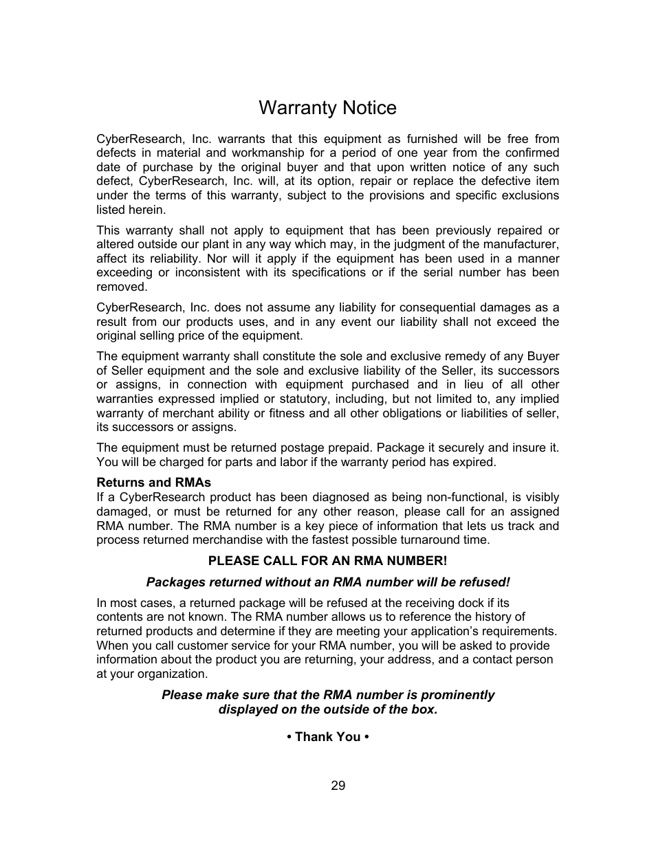 Warranty notice | CyberResearch GDO 18 User Manual | Page 39 / 42