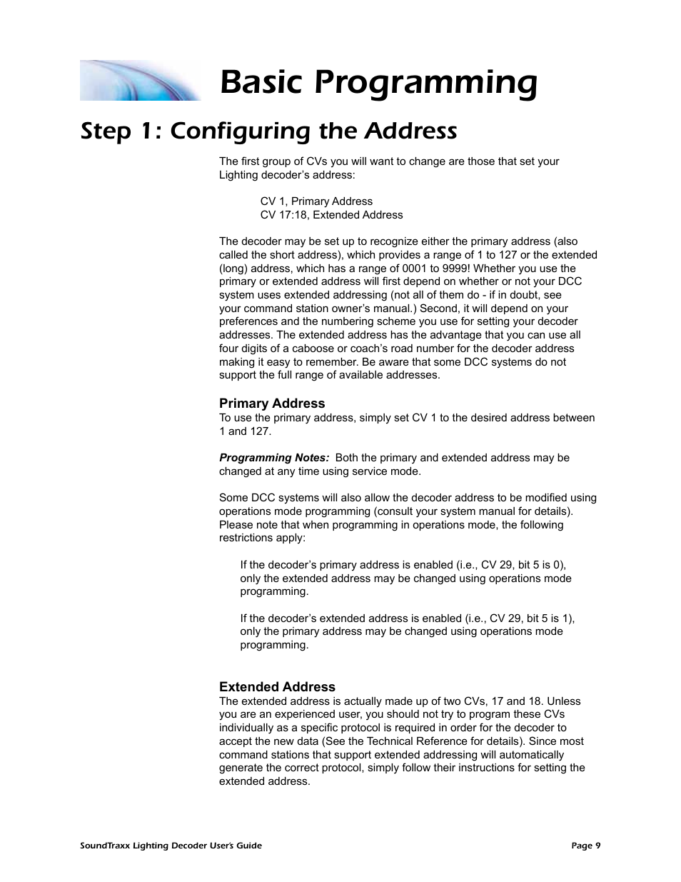 Basic programming, Step 1: configuring the address | SoundTraxx Coach Lighting Decoder Users Guide User Manual | Page 12 / 28