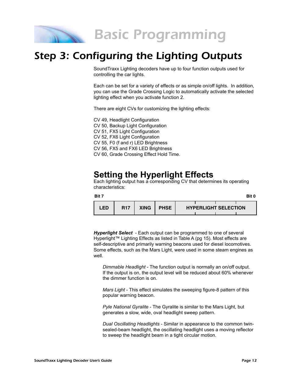 Basic programming, Step 3: configuring the lighting outputs, Setting the hyperlight effects | SoundTraxx Coach Lighting Decoder Users Guide User Manual | Page 15 / 28