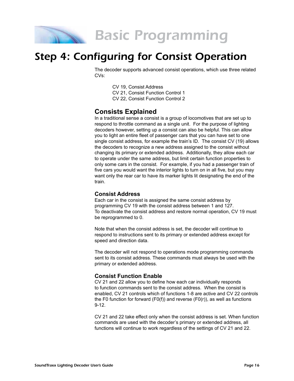 Basic programming, Step 4: configuring for consist operation, Consists explained | SoundTraxx Coach Lighting Decoder Users Guide User Manual | Page 19 / 28