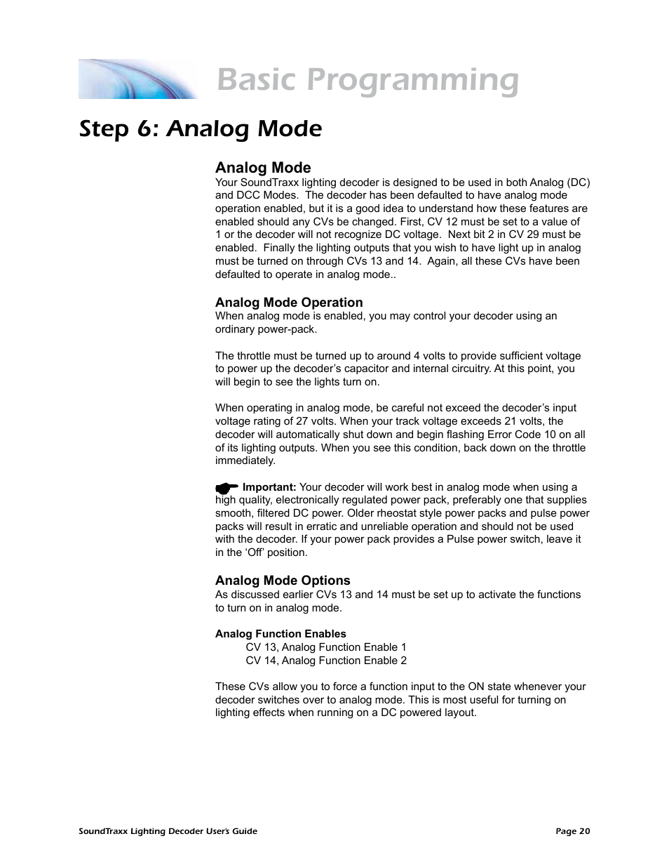 Basic programming, Step 6: analog mode, Analog mode | SoundTraxx Coach Lighting Decoder Users Guide User Manual | Page 23 / 28