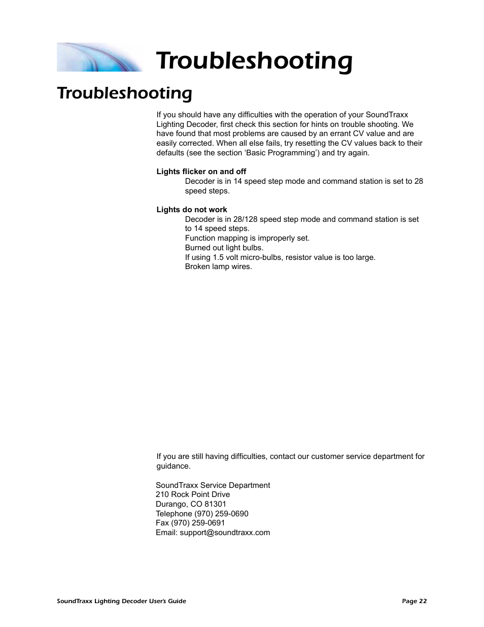 Troubleshooting | SoundTraxx Coach Lighting Decoder Users Guide User Manual | Page 25 / 28